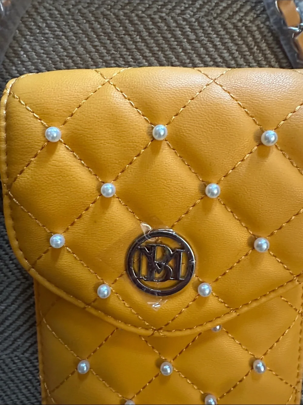 Badgley Mischka Quilted Yellow Pearl-Accented Phone Crossbody